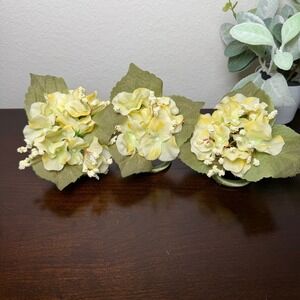 Set of 3 Yellow Hydrangea Floral Napkin Rings Silk Flower Green Leaf Table Decor